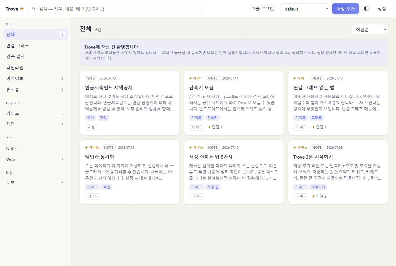 Trove 라이트 모드 화면. 저장한 조각들이 카테고리와 태그, 연결 정보와 함께 목록으로 정리되어 있다.